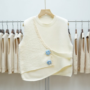 505 重工交叉圆领针织马甲背心女春秋宽松马夹外穿毛衣 2025新款