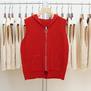 拼接马夹秋冬红色针织马甲女背心 连帽加厚款 999 宽松纯色拉链秋季