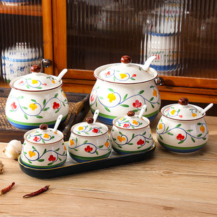 手绘陶瓷带盖釉下彩调味盒调味罐耐高温油泼辣子辣椒油罐盐罐