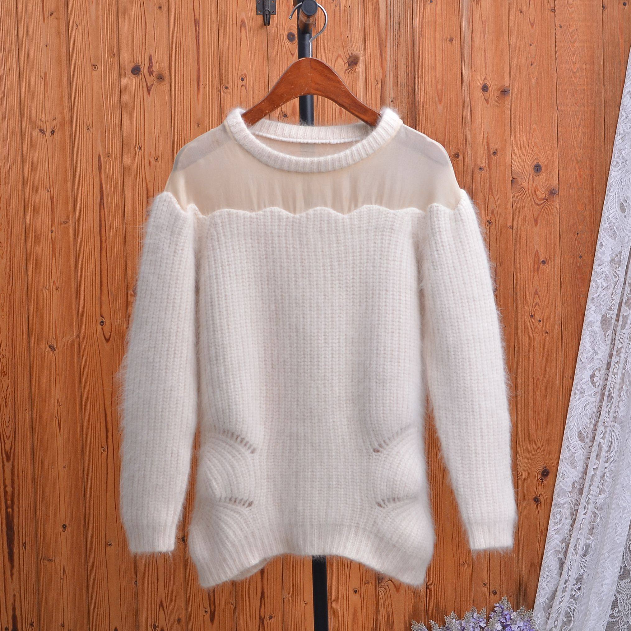 白色圆领拼接透视毛衣女秋冬宽松慵懒风显瘦内搭外穿兔毛针织上衣