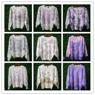 高端外贸原单安哥拉兔毛满身精美印花圆领蝙蝠袖长袖套头毛衣女