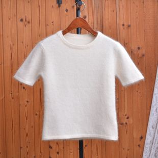 奶白色兔毛短袖针织衫女基础款修身显瘦软糯亲肤打底衫百搭上衣