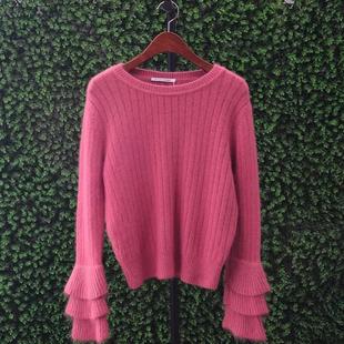 新品玫红色套头喇叭袖秋冬款韩版圆领长袖修身慵懒风针织毛衣女