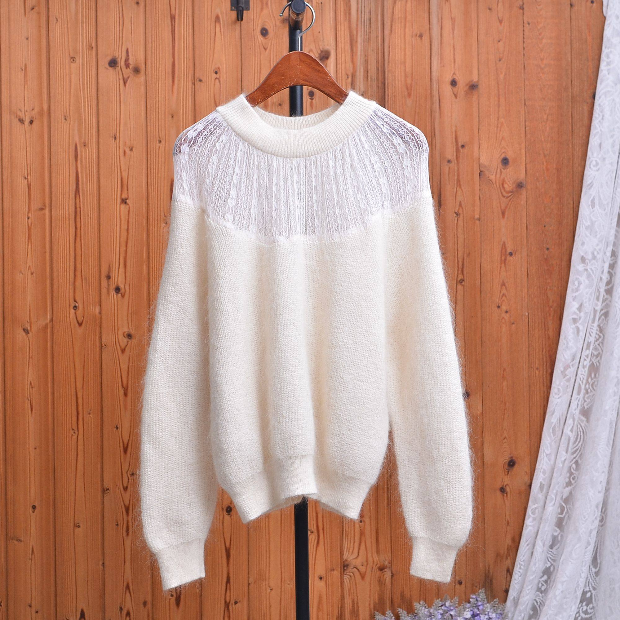 甜美圆领蕾丝拼接马海毛羊毛针织衫女宽松灯笼袖显瘦温柔风打底,女装/女士精品,毛衣,淘宝优惠券,粉丝福利购,淘宝优惠卷