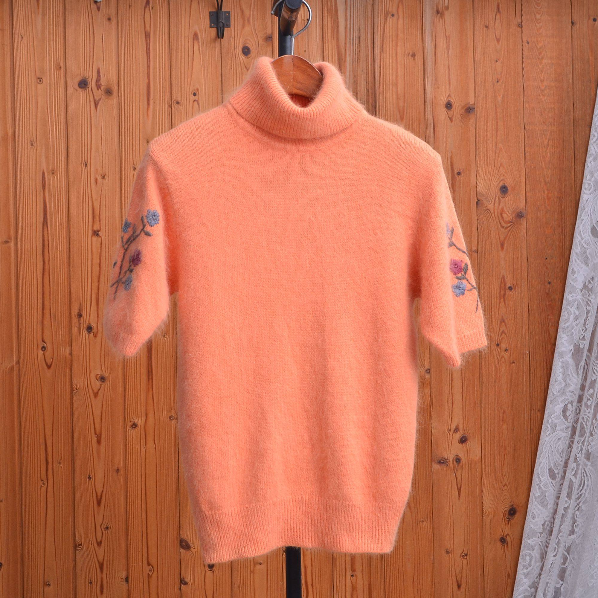 温柔橘色高领短袖兔毛毛衣女刺绣花朵修身气质针织衫秋冬内搭