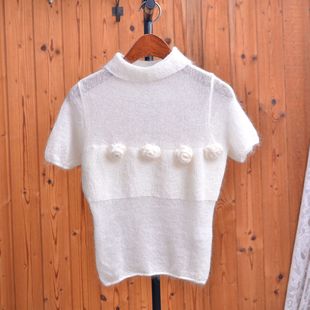 白色马海丝短袖针织衫女立体花朵半高领修身打底上衣薄款透气毛衣