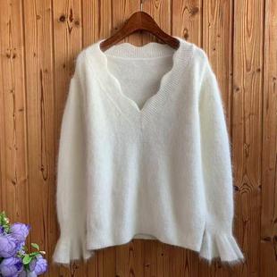 秋冬新款韩版兔毛仙美白色宽松荷叶袖针织衫V领百搭套头毛衣女