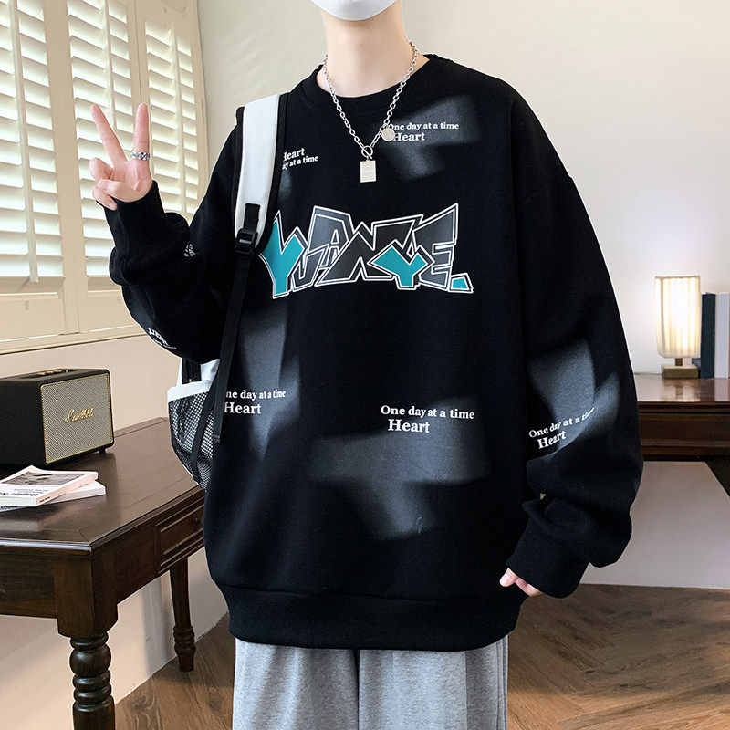 潮流字母印花圆领厚棉T男春秋季黑色宽松落肩袖帅气青少年长袖上,男装,卫衣,淘宝优惠券,粉丝福利购,淘宝优惠卷