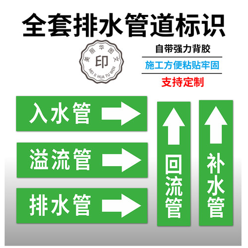 排水管标识贴纸入水管回流管溢流管流向压力空调水池补水管道标识