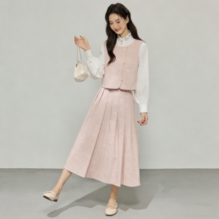 2026春夏粉色刺绣新中式国风套装女衬衫马甲半身裙春季穿搭一整套