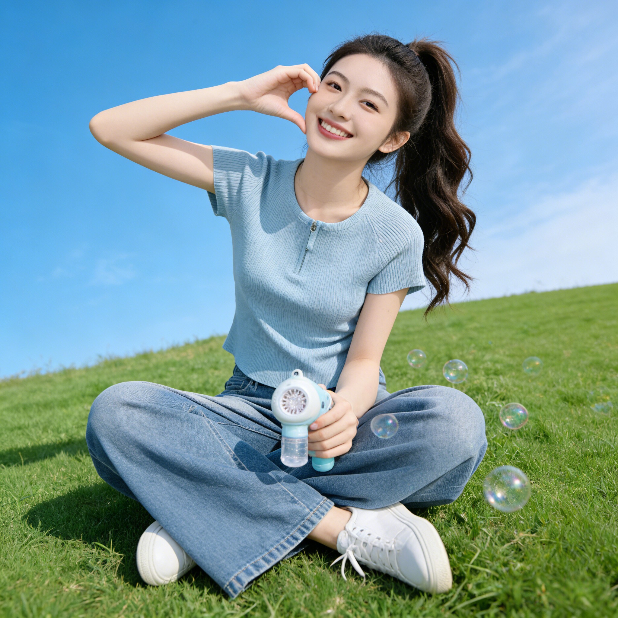 2026夏季新款大码宽松百搭显瘦上衣女慵懒风蓝色半拉链短袖针织衫