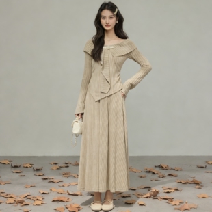 2026春夏季韩版不规则大翻领上衣套装女春秋穿搭氛围感长裙两件套