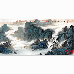 新中式国画高清山水画客厅沙发背景墙装饰画挂画重彩山水富水长流