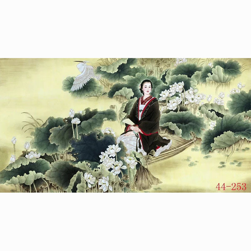 中国画人物画高清字画酒店餐饮火锅墙壁画装饰画挂画美女荷塘游船