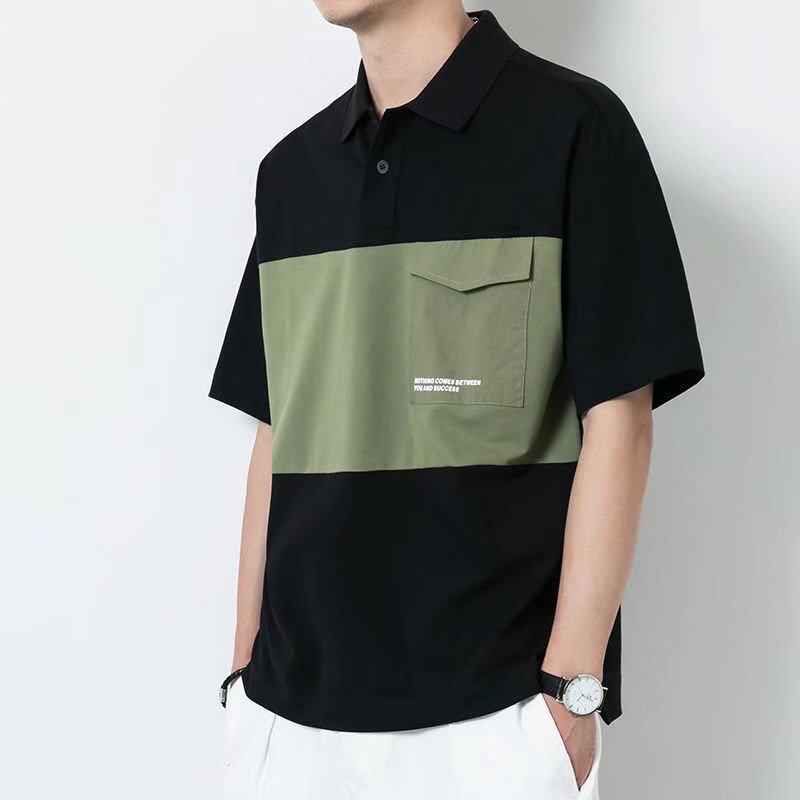 夏季新款港风polo衫短袖男生韩版宽松百搭体恤拼色ins翻领上衣服