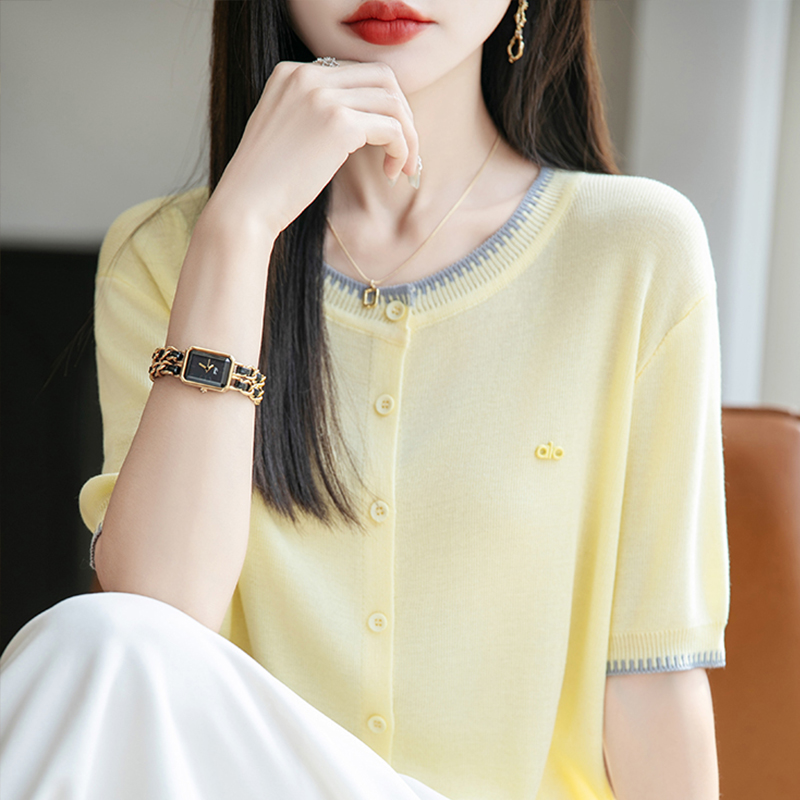 撞色开衫短袖t恤女夏季2025新款打底衫洋气大码女装冰丝针织上衣