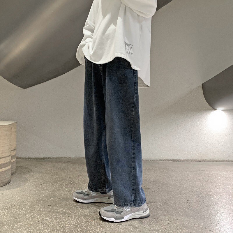 港风复古牛仔裤男宽松直简阔腿裤ins青年韩版潮流水洗拖地长裤子