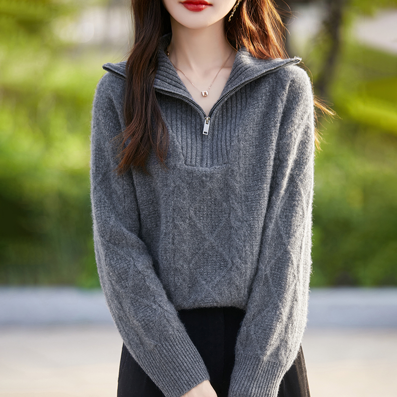 100%纯羊毛高领半开领拉链针织打底衫女2025新款大码女装秋冬毛衣