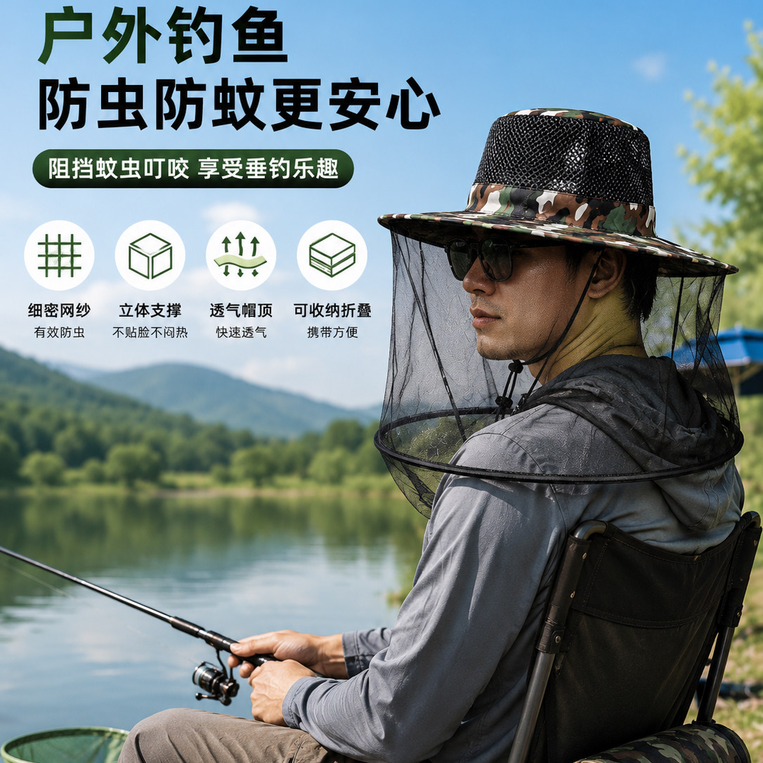 户外迷彩夜钓防晒防蚊折叠钓鱼帽图片