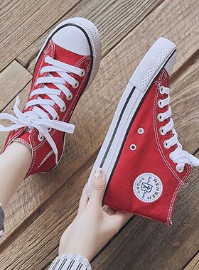 人本高帮帆布鞋女2026春款红色高邦女大码40-43学生41板鞋休闲鞋