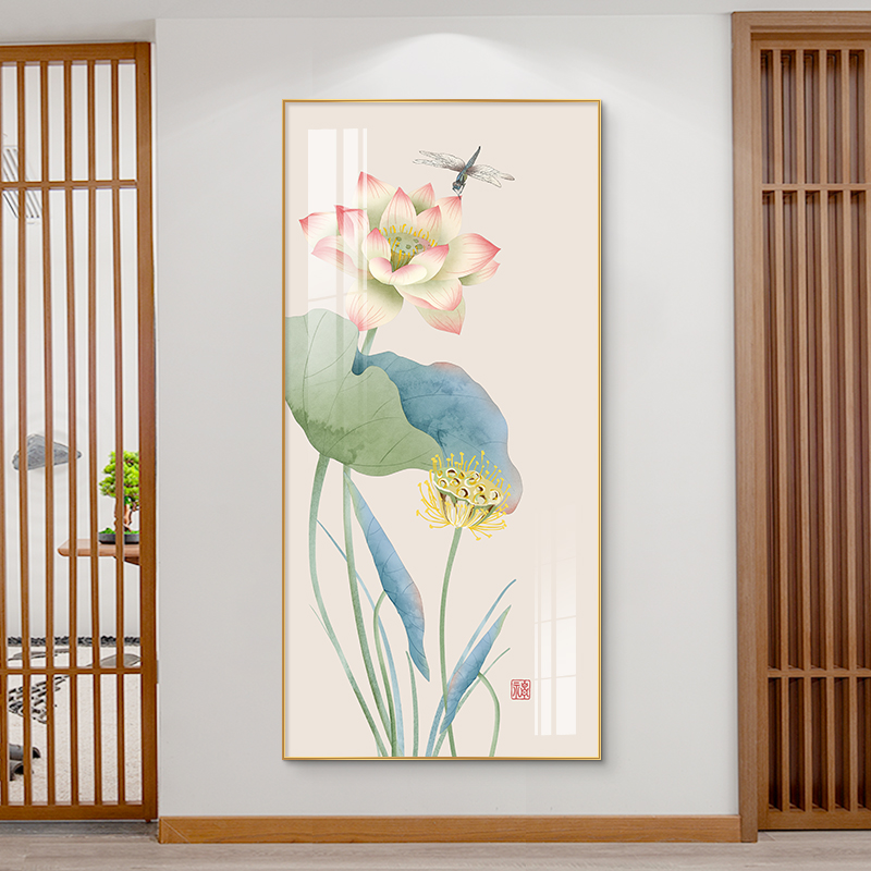 新中式玄关装饰画现代简约走廊过道壁画水墨荷花竖版茶室书房挂画图片