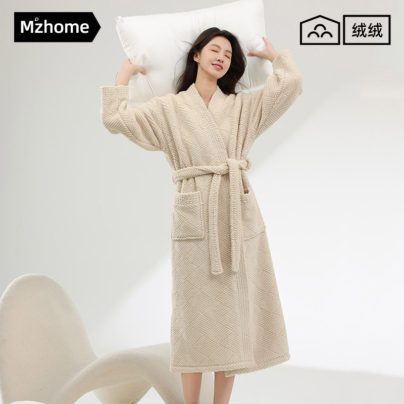 珊瑚绒睡袍女秋冬天半边绒睡衣女士家居服男加厚浴袍加长款新款