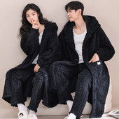 黑色浴袍家居服 套装 珊瑚绒睡袍女秋冬长款 加绒加厚法兰绒睡衣男士