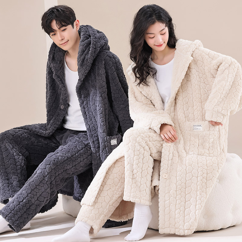 情侣睡衣女秋冬珊瑚绒加厚加绒睡袍男士浴袍长款冬季法兰绒家居服