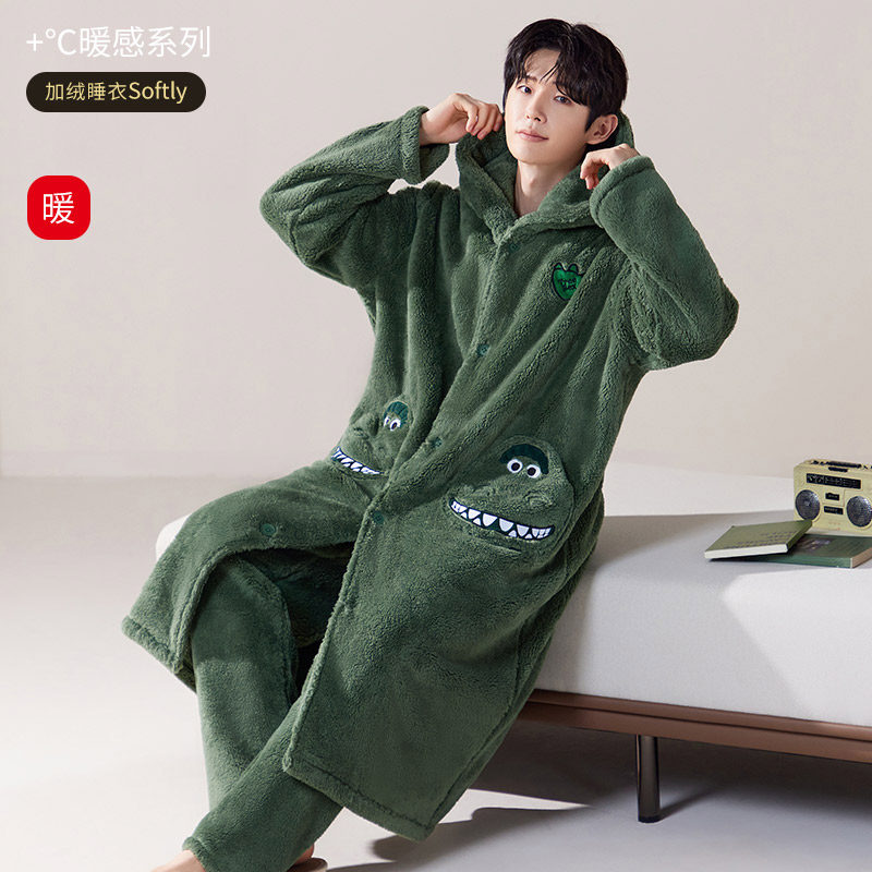 男士睡袍秋冬款加厚加绒珊瑚绒睡衣加长款冬季法兰绒浴袍男家居服