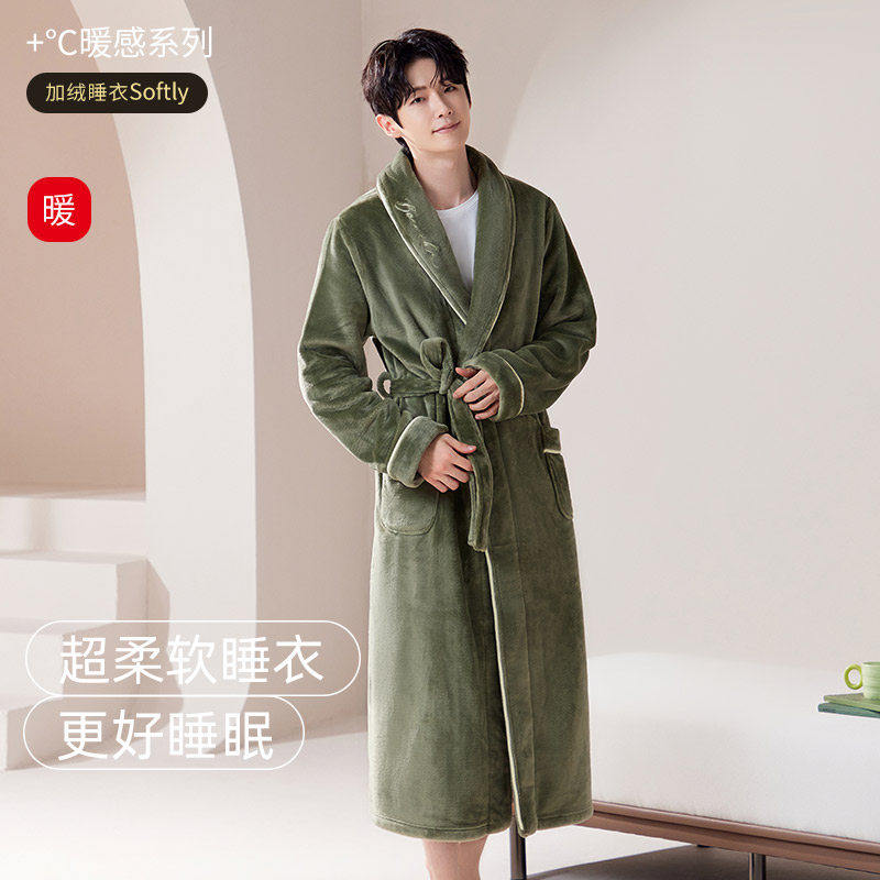睡袍男士冬季珊瑚绒加厚加绒睡衣男款秋冬款法兰绒浴袍长款家居服