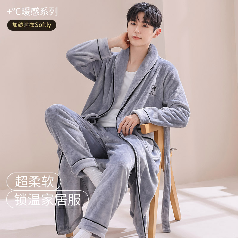 珊瑚绒睡衣男款冬季加绒加厚2025新款男士法兰绒长款青年浴衣睡袍