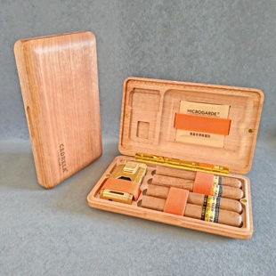 雪茄保湿盒原木实木醇养雪茄多支装便携保湿盒4支装鲁宾斯基火机