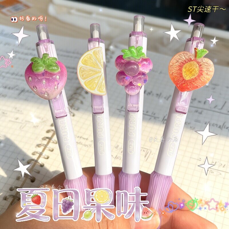 ins高颜值2026新款炫彩水果按动中性笔女生小学生初中生专用0.5mmST笔尖速干刷题黑笔4支装清新顺滑笔