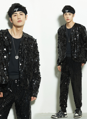 新款韩国男团租赁服酒吧主持人男式爵士舞韩舞蹈成人亮片表演出服