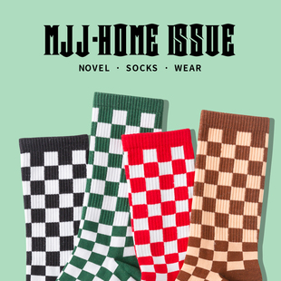 纯棉格子中筒袜女潮男士 薄款 滑板运动 长袜夏季 红色棋盘格袜子男款