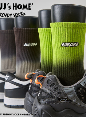 扎染绿色袜子男款长袜秋冬季纯棉美式滑板中筒袜女潮男士运动潮袜