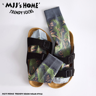 油画设计感复古绿色袜子男款长袜夏季薄款纯棉中筒袜女潮花袜男士