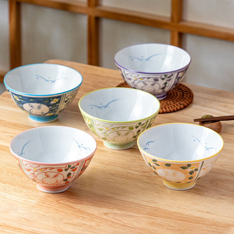 美浓烧日式兔子饭碗套装釉下彩餐具家用和风兔子高脚碗餐具礼盒,餐饮具,碗,淘宝优惠券,粉丝福利购,淘宝优惠卷