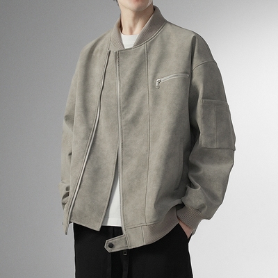 URSBOB美式复古皮衣外套男款春秋高级感夹克棒球服上衣潮牌开衫男