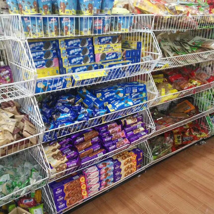超市货架斜口篮货架零食食品货架面包叠笼网篮药店玩具展示架移动