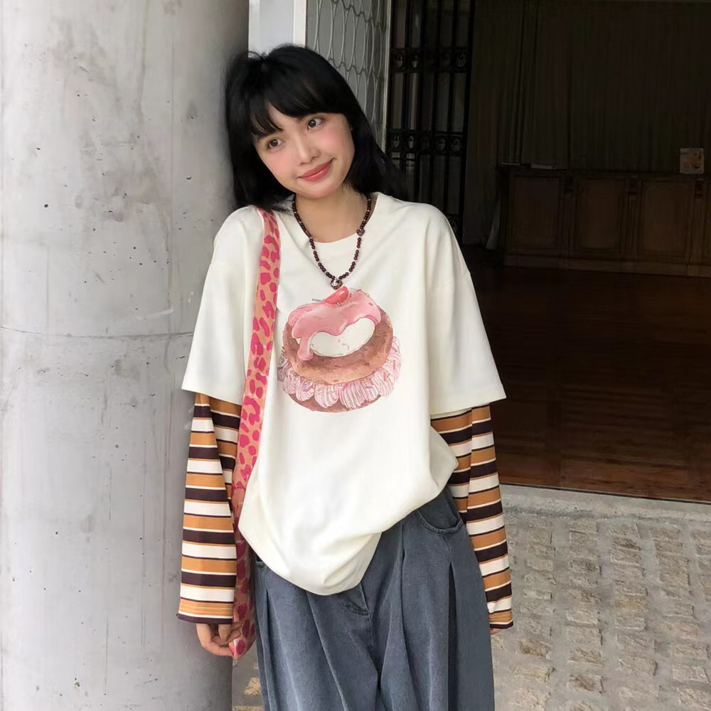 HONE宽松假两件长袖T恤女2025秋装新款设计感圆领蛋糕印花T纯棉