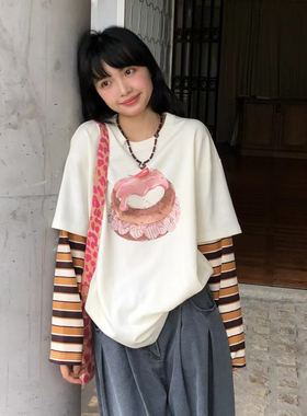 HONE宽松假两件长袖T恤女2025秋装新款设计感圆领蛋糕印花T纯棉