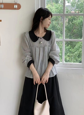 eter撞色娃娃领格子衬衫女长袖法式气质显瘦短款小衫hemp百搭上衣