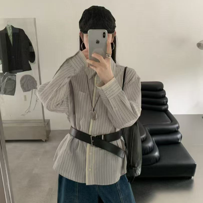 eter翻领条纹衬衫女韩版棉衬衣内搭叠穿2026秋冬新款设计感hemp图片