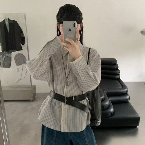 eter翻领条纹衬衫女韩版棉衬衣内搭叠穿2026秋冬新款设计感hemp