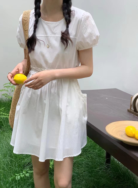 eter高级感圆领花边腰带连衣裙女中裙2025夏季新款韩版甜美气质裙