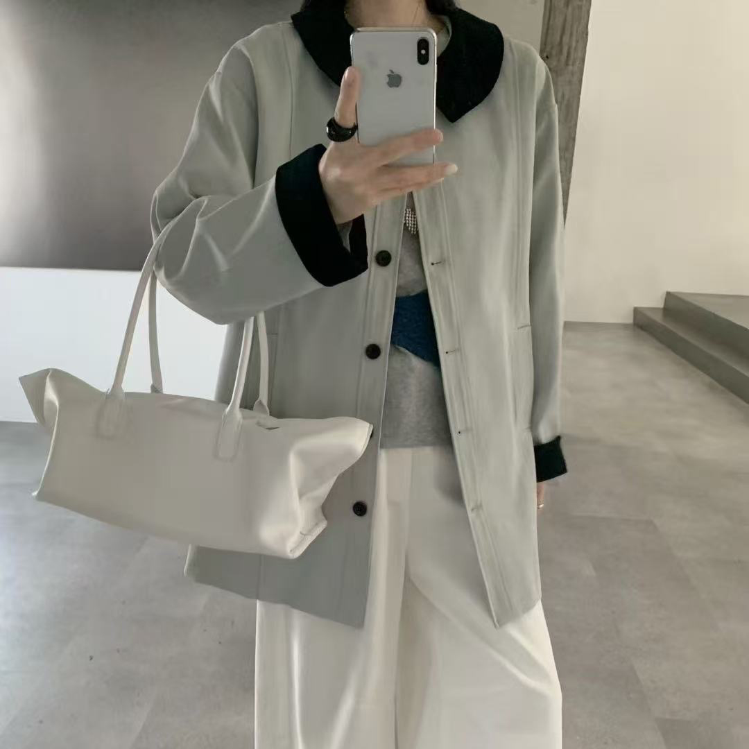 eter韩版撞色翻领中长款风衣外套设计感秋百搭简约hemp上衣F8077