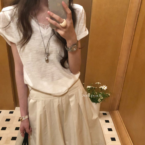 韩货lake side高品质V领蕾丝拼接白色短袖T恤女设计感甜美小衫夏