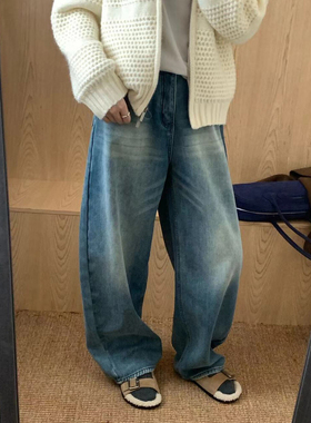 东大门复古水洗加绒牛仔裤女爆款breathe2025秋冬新款阔腿镰刀裤