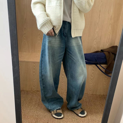 东大门复古水洗加绒牛仔裤女爆款breathe2025秋冬新款阔腿镰刀裤